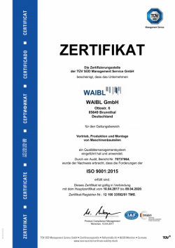 tuev-zertifikat din en iso 9001:2015 fuer die waibl gmbh