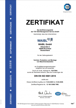 tuev-zertifikat zur ISO 9001:2015 zertifizierung der waibl gmbh